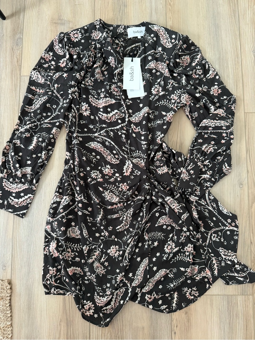 ba&sh Brown Floral Wrap Dress - Brown with Blush Pink Print